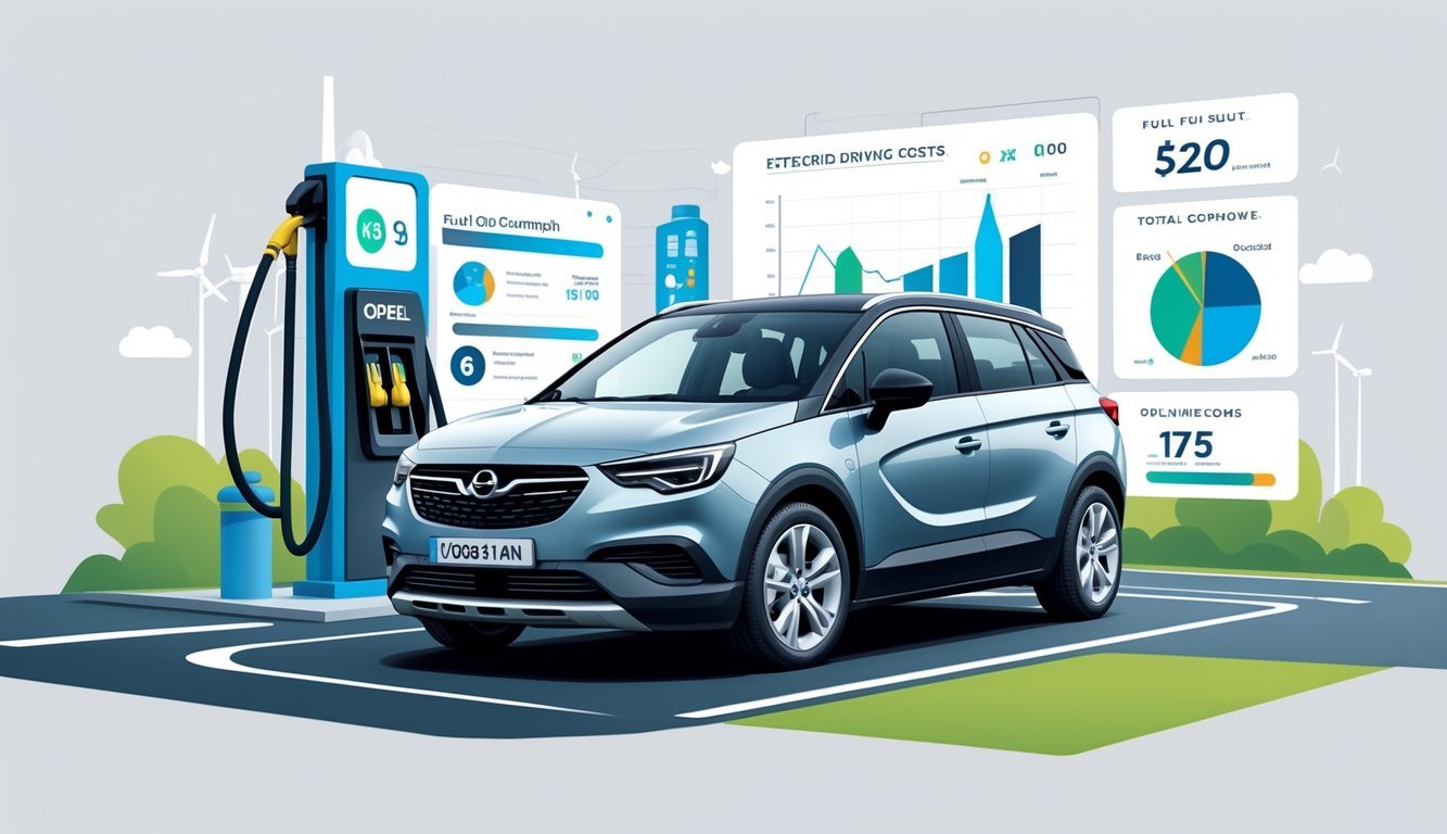 Opel Crossland automobil pored benzinske pumpe s grafikonima koji prikazuju potrošnju goriva i troškove vožnje.