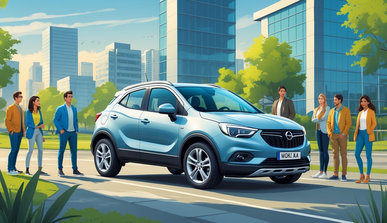 Opel Mokka automobil u urbanom okruženju s ljudima različitih dobi i zanimanja oko njega.