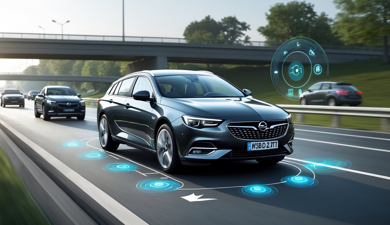 Automobil Opel Insignia na cesti s prikazom sigurnosnih i pomoćnih sustava vozaču.