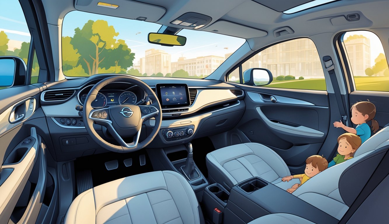 Prikaz Opel Crosslanda s otvorenim vratima koji pokazuje udoban i prostran interijer te praktičnost vozila u urbanom okruženju.