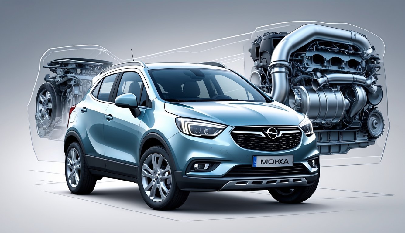 Prikaz Opel Mokka automobila s vidljivim motorom i dijelovima mjenjača.