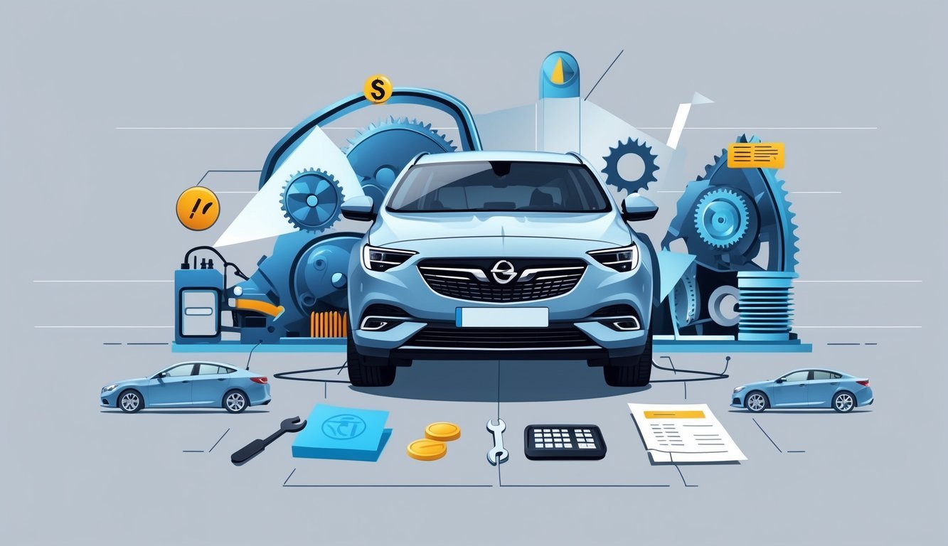 Automobil Opel Insignia 2.0 CDTI okružen simbolima mehaničkih dijelova i alata za popravak te prikazima troškova servisa.