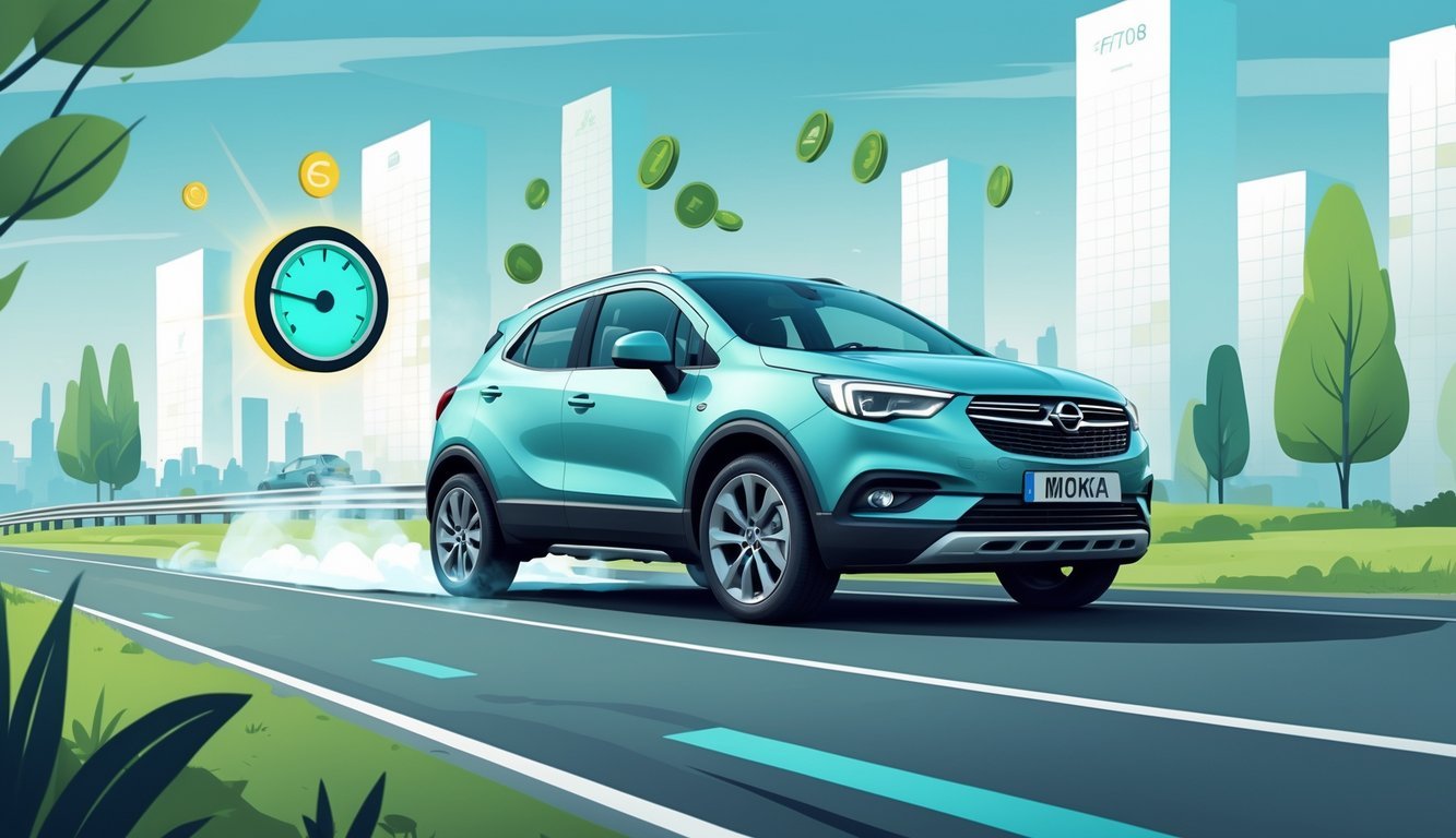 Automobil Opel Mokka na cesti s prikazom simbola za potrošnju goriva i troškove vožnje.