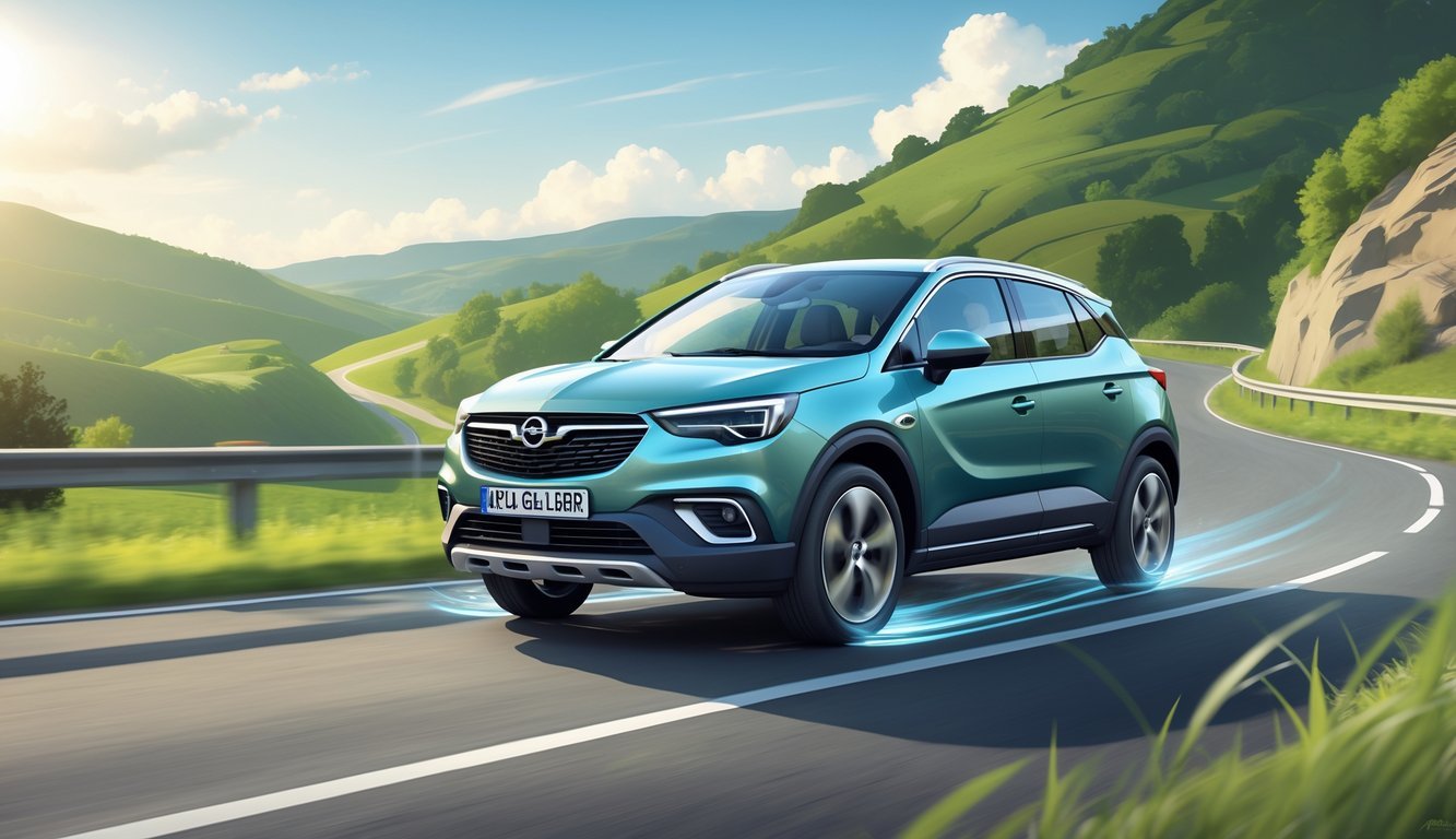 Automobil Opel Crossland vozi cestom okruženom zelenilom i brežuljcima, s prikazom ovjesa i osjećaja u vožnji.