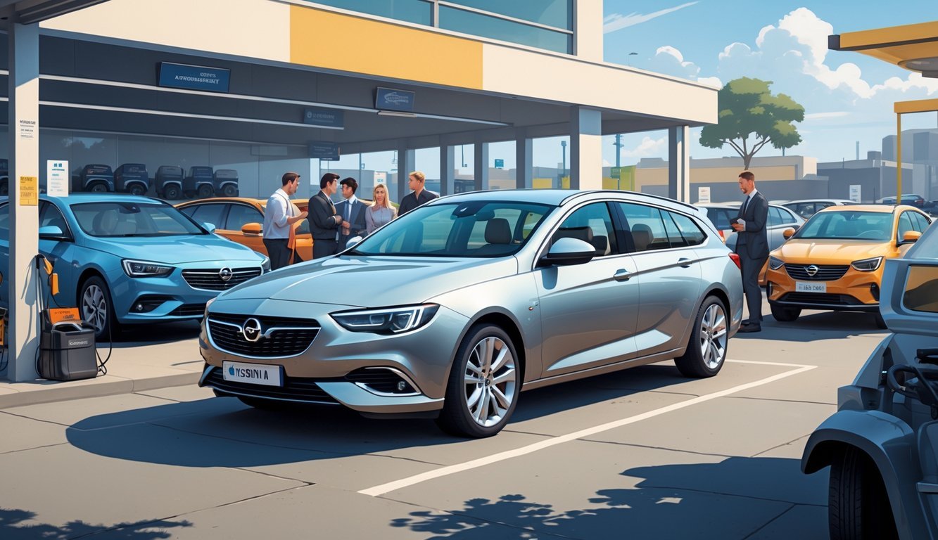 Automobil Opel Insignia 2.0 CDTI parkiran ispred salona rabljenih automobila s ljudima koji pregledavaju vozila i opremu.