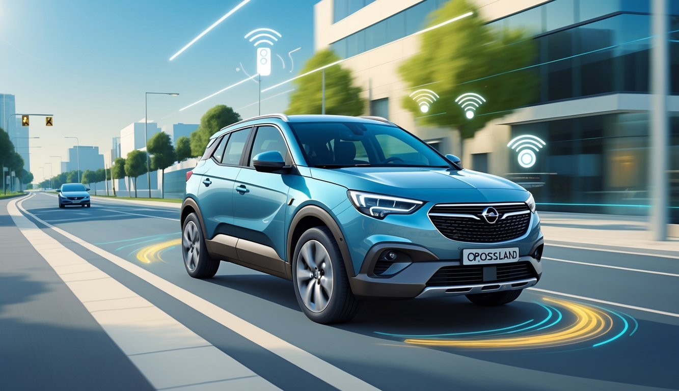 Automobil Opel Crossland na cesti s prikazom sigurnosnih i pomoćnih sustava vozaču.