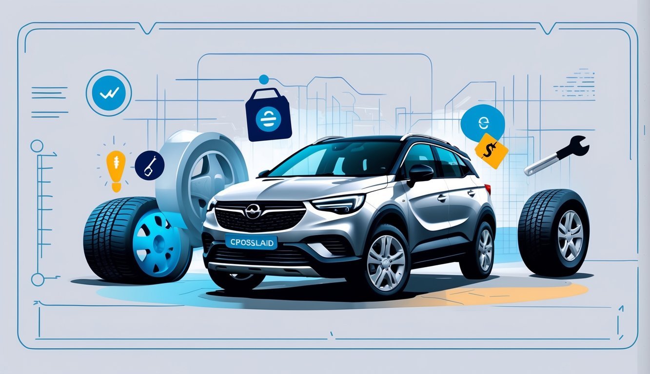 Automobil Opel Crossland okružen simbolima kvarova i alata za servis.