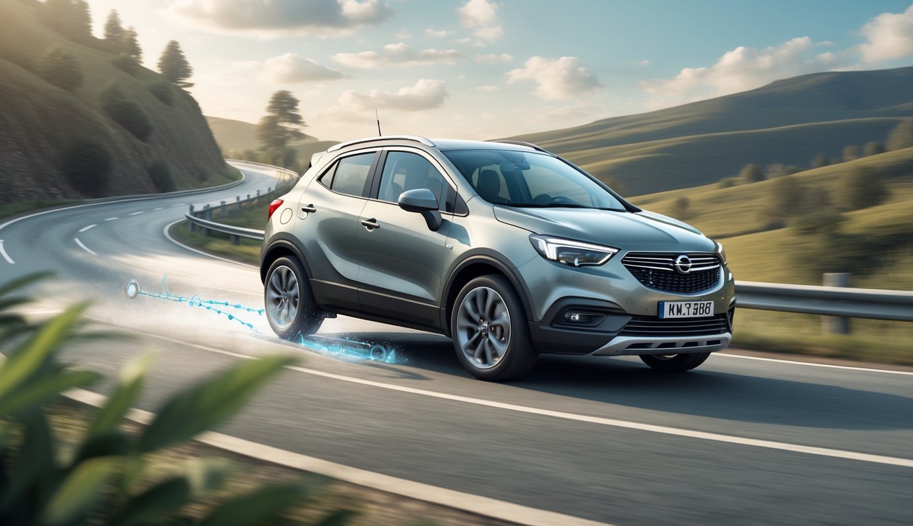 Opel Mokka vozi cestom kroz brdoviti krajolik s vidljivim dijelovima ovjesa.