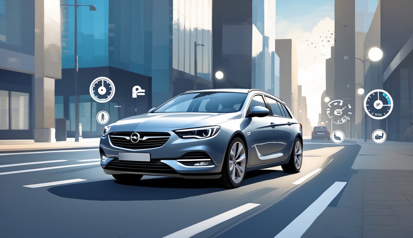 Prikaz automobila Opel Insignia 2.0 CDTI u urbanom okruženju s prikazom simbola koji predstavljaju prednosti i mane vlasničkog iskustva.