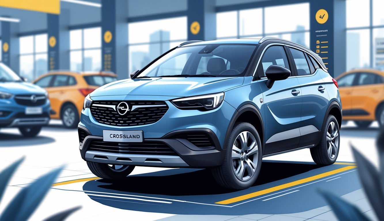 Automobil Opel Crossland parkiran u urbanom okruženju s grafičkim prikazima cijena, opreme i tržišta rabljenih vozila.