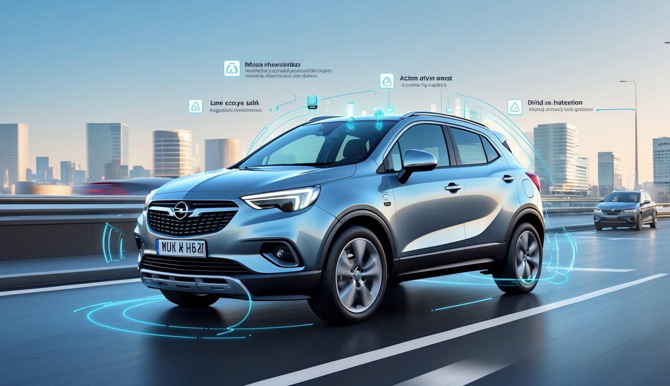 Opel Mokka na gradskoj cesti s prikazom sustava pomoći vozaču i sigurnosnih značajki.
