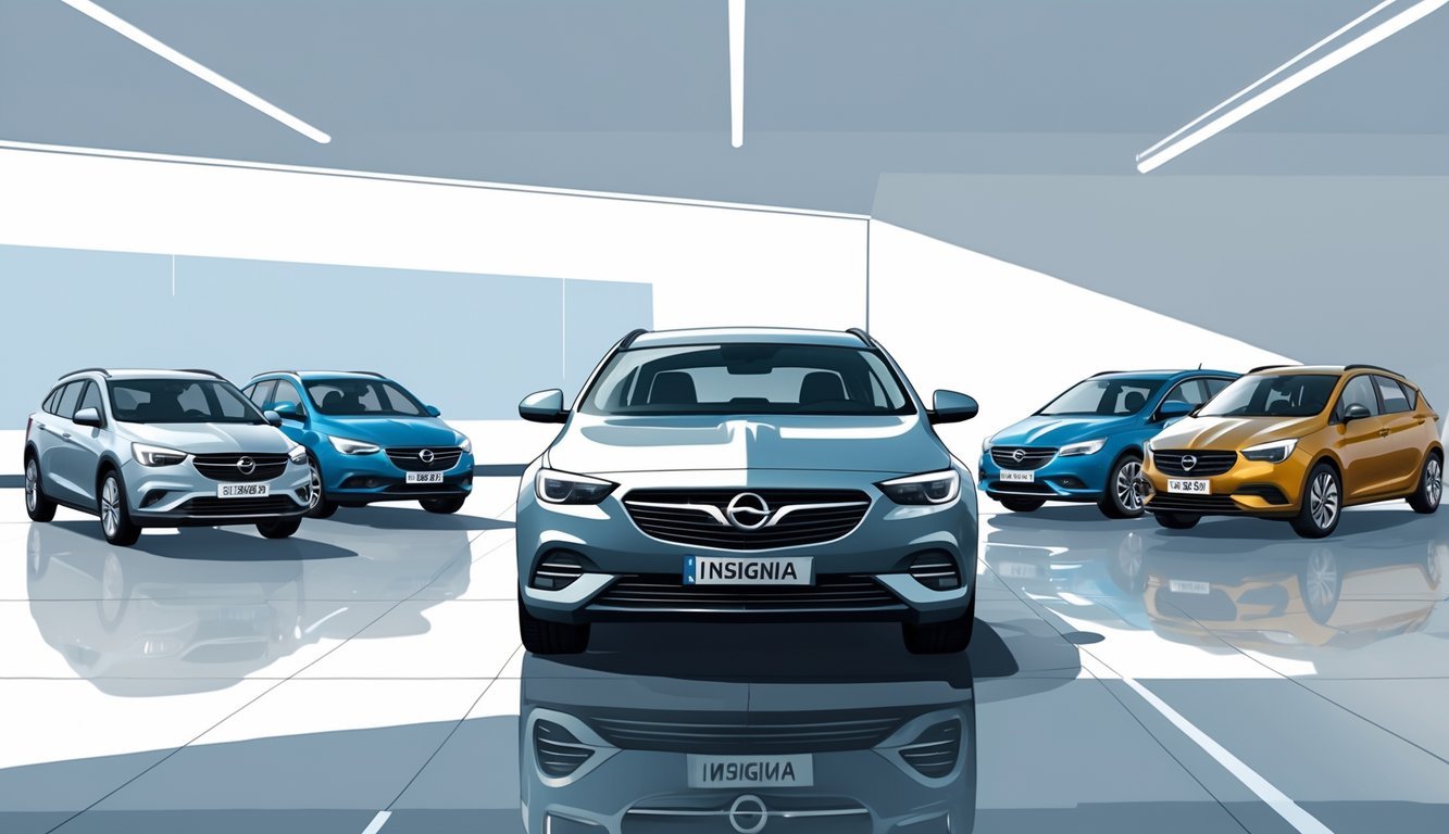 Prikaz nekoliko automobila, s Opel Insignijom 2.0 CDTI u sredini, okruženom drugim sličnim modelima za usporedbu.