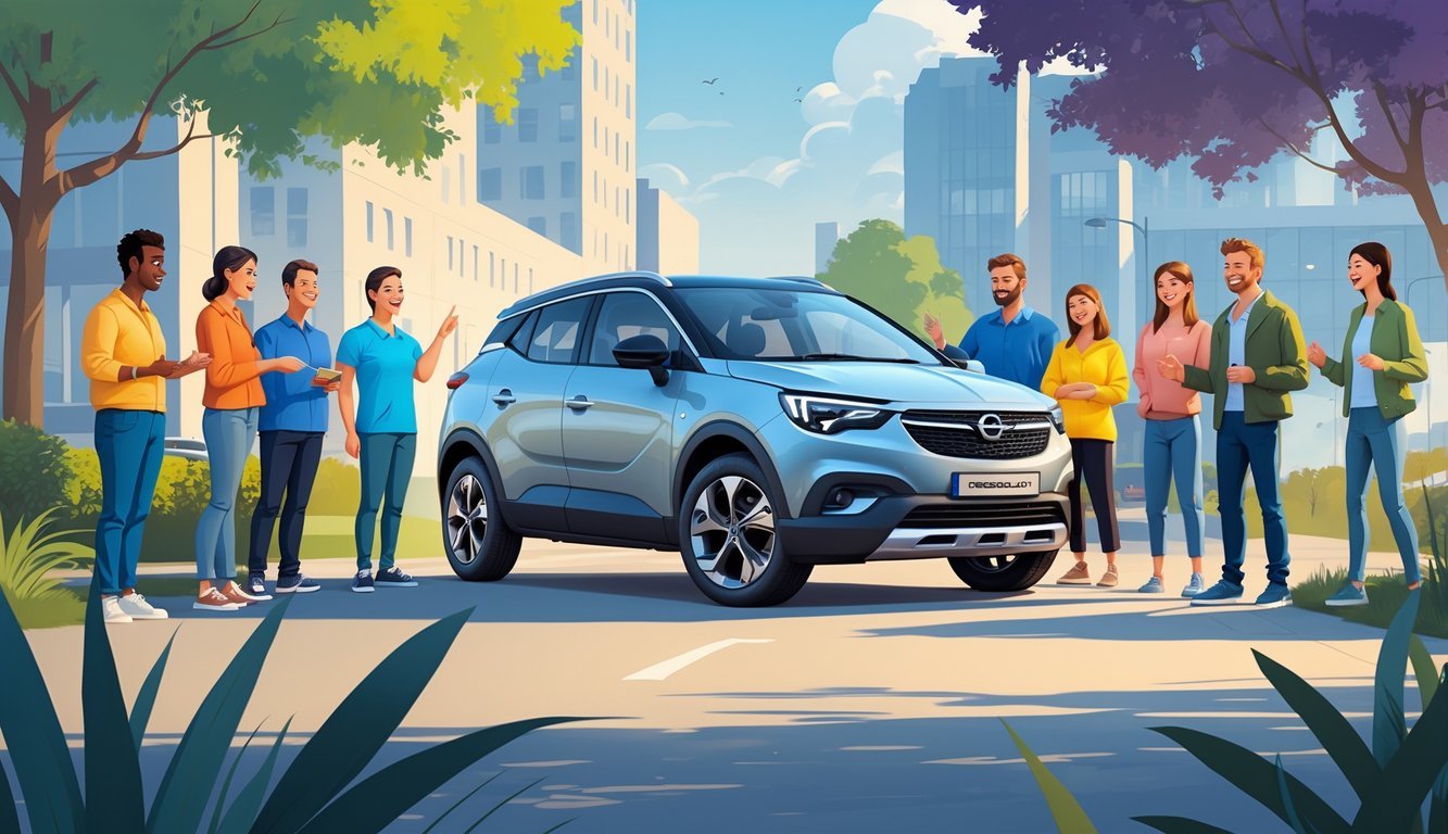 Grupa ljudi stoji oko Opel Crosslanda i razgovara o svojim iskustvima s automobilom u gradskom okruženju.