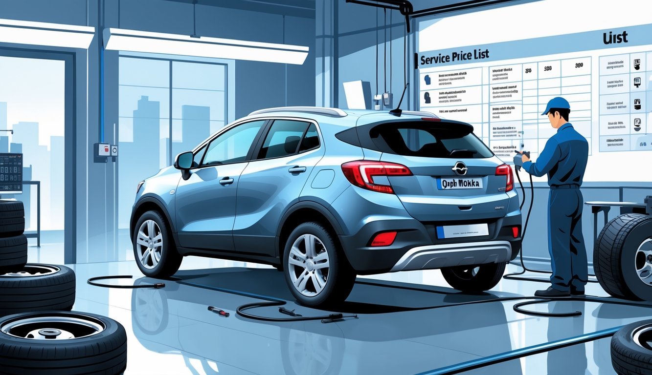 Automobil Opel Mokka u radionici, mehaničar pregledava vozilo, prikazani dijelovi automobila koji često kvare i simboli koji sugeriraju troškove servisa.