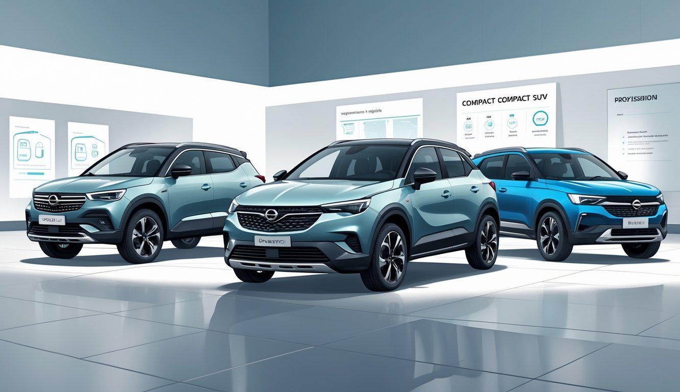 Tri kompaktna SUV vozila postavljena jedna do druge u izložbenom prostoru, s Opel Crosslandom u sredini i dva druga modela sa strane.