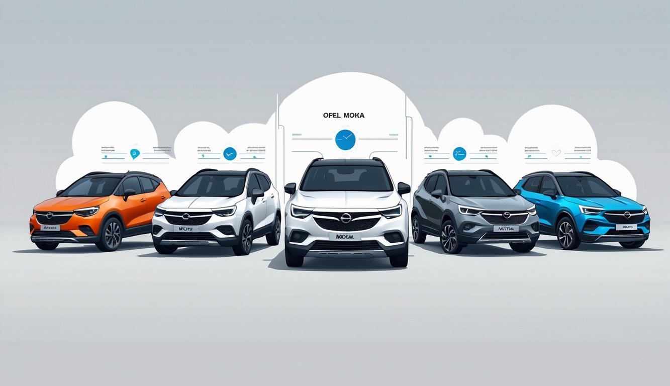 Više modernih kompaktnih SUV vozila parkiranih jedan do drugog, s Opel Mokka u sredini i drugim konkurentskim modelima oko njega.