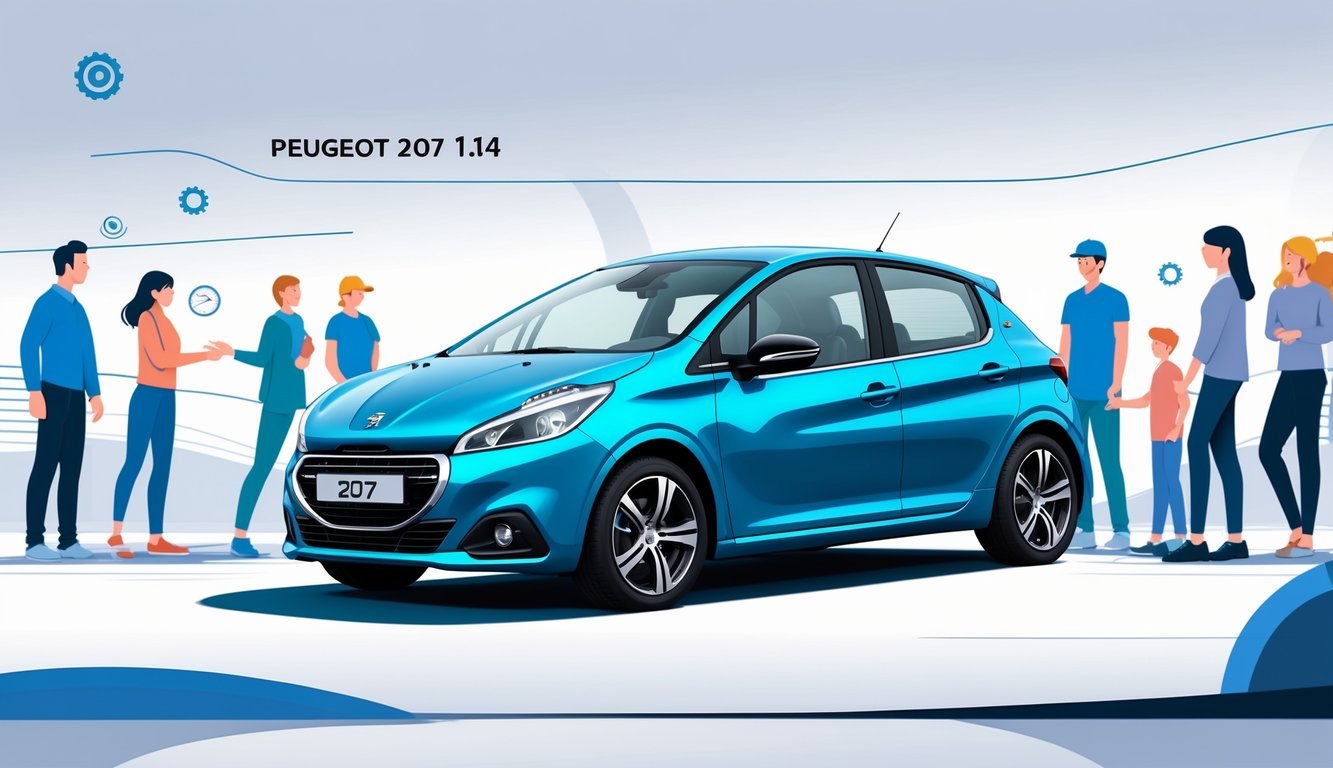 Peugeot 207 1.4 automobil prikazan s prednje strane s nekoliko ljudi oko njega.
