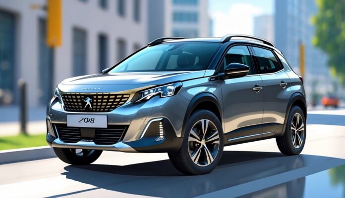 Peugeot 2008 parkiran na gradskom ulici s jasno vidljivim prednjim dijelom automobila.
