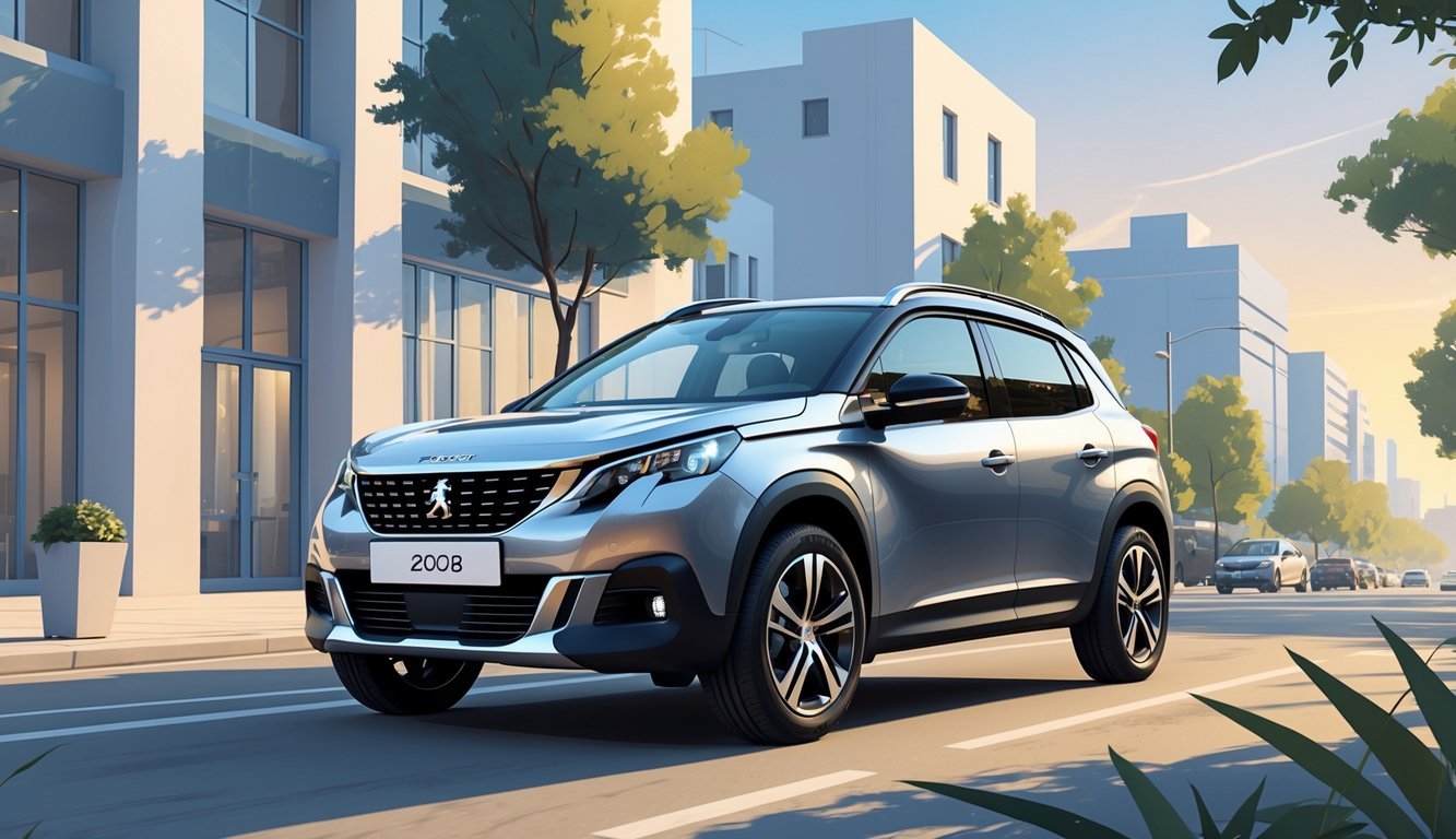 Peugeot 2008 1.2 parkiran na gradskoj ulici s modernim zgradama u pozadini.
