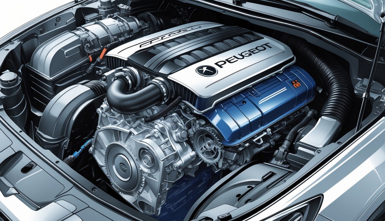 Prikaz motora, performansi i mjenjača automobila Peugeot 207 1.4 s vidljivim unutarnjim dijelovima motora i prijenosa.
