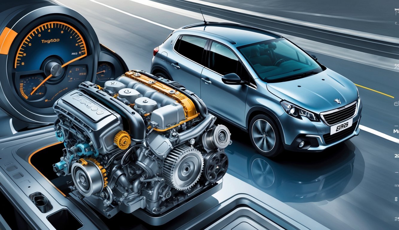 Prikaz motora i mjenjača Peugeot 2008 1.2 s prikazom vozila u pokretu na cesti.