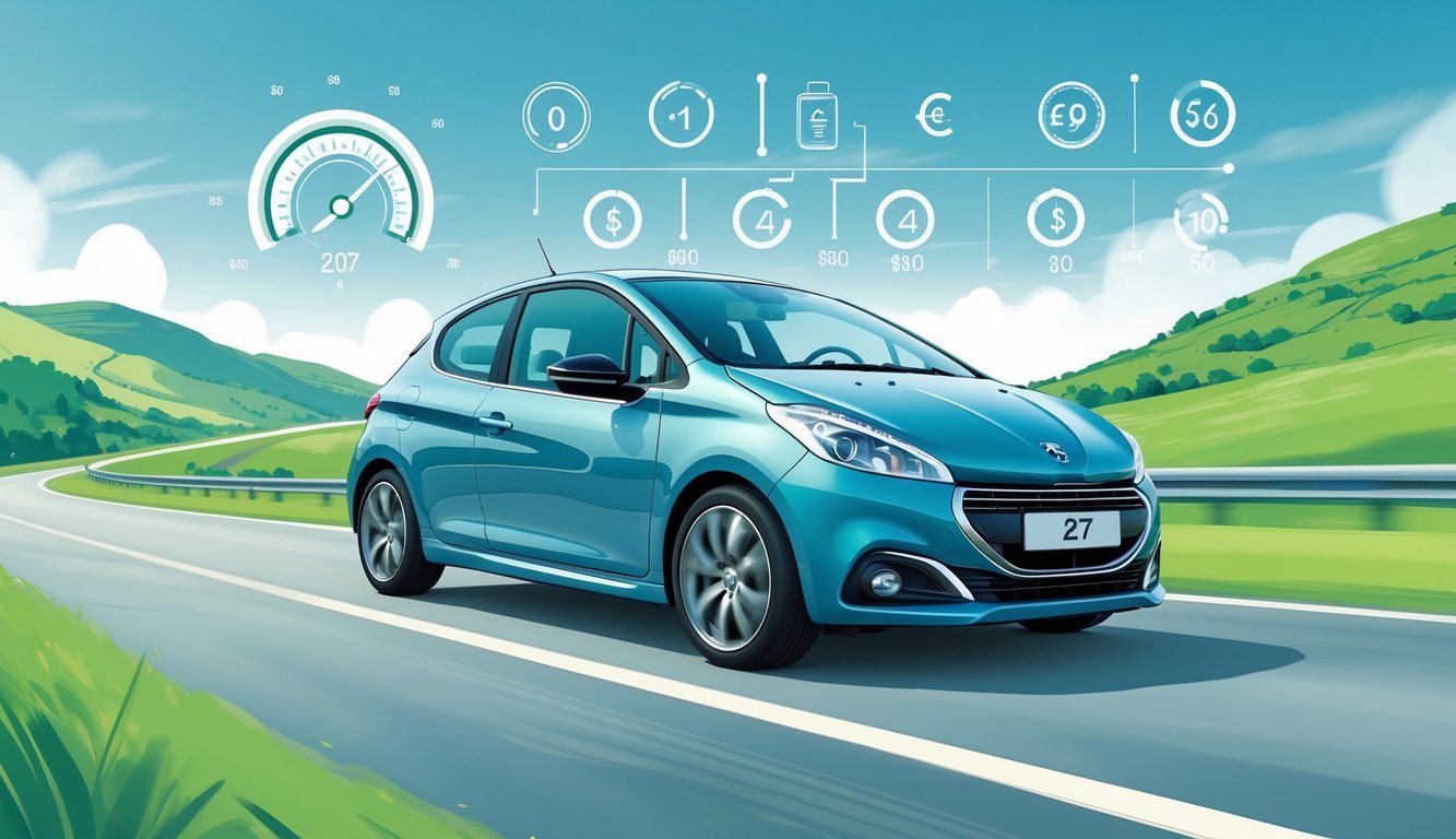 Peugeot 207 1.4 automobil vozi cestom okruženom zelenim brežuljcima i plavim nebom, s grafičkim prikazima potrošnje goriva i troškova vožnje u pozadini.