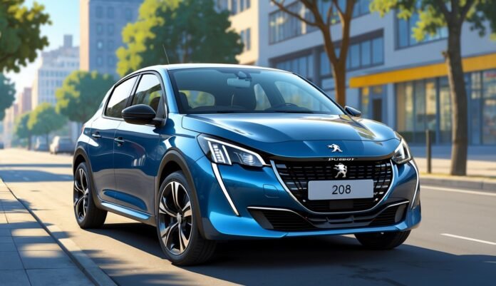 Peugeot 208 parkiran na gradskoj ulici s drvećem i zgradama u pozadini.
