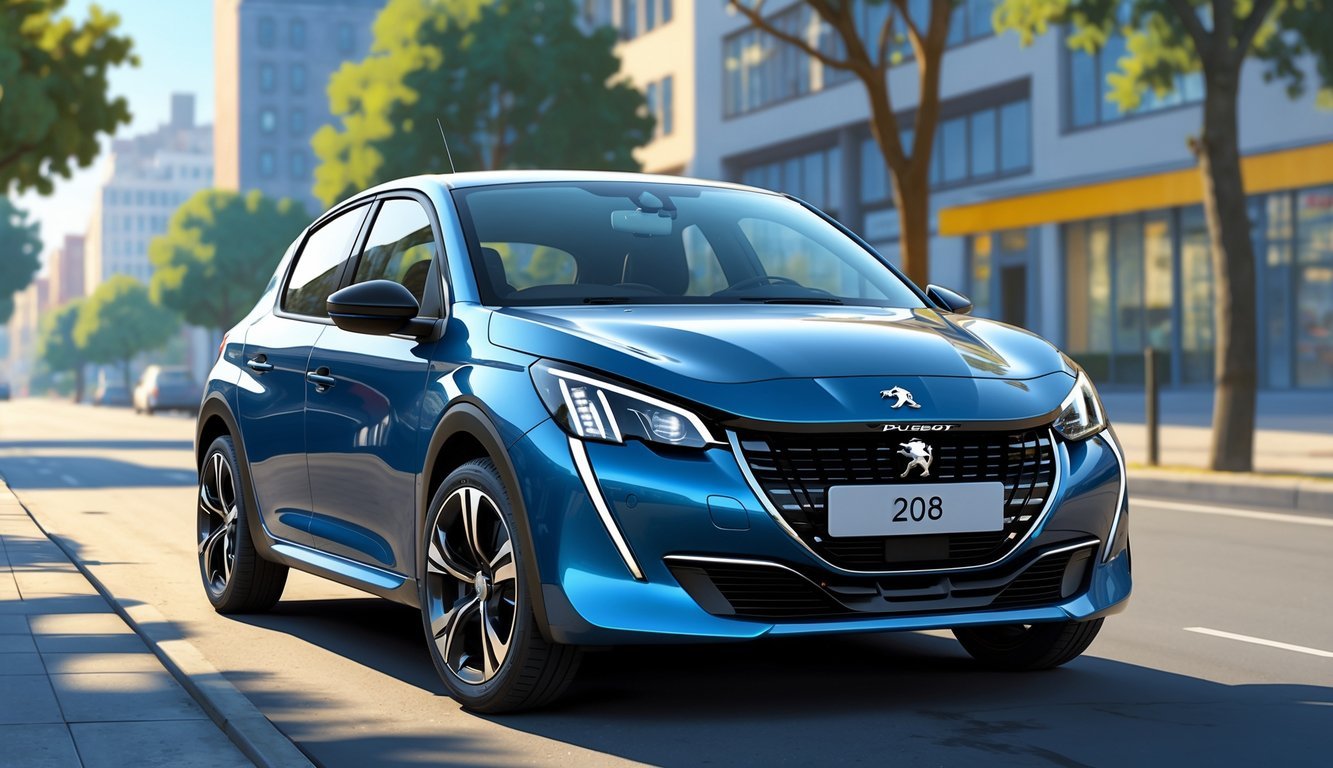 Peugeot 208 parkiran na gradskoj ulici s drvećem i zgradama u pozadini.
