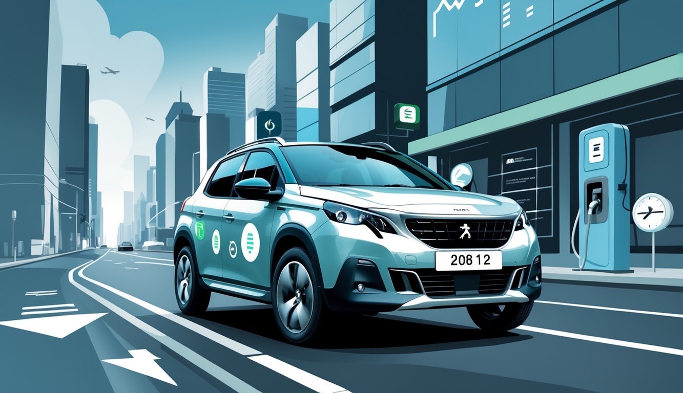 Peugeot 2008 1.2 automobil vozi gradskom ulicom s ikonama koje simboliziraju potrošnju goriva i troškove vožnje.