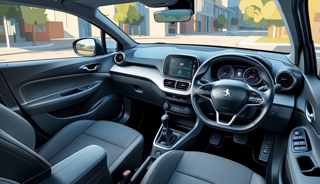 Prikaz unutrašnjosti i vanjskog dijela automobila Peugeot 207 1.4, fokus na udobnost, prostor i praktičnost.