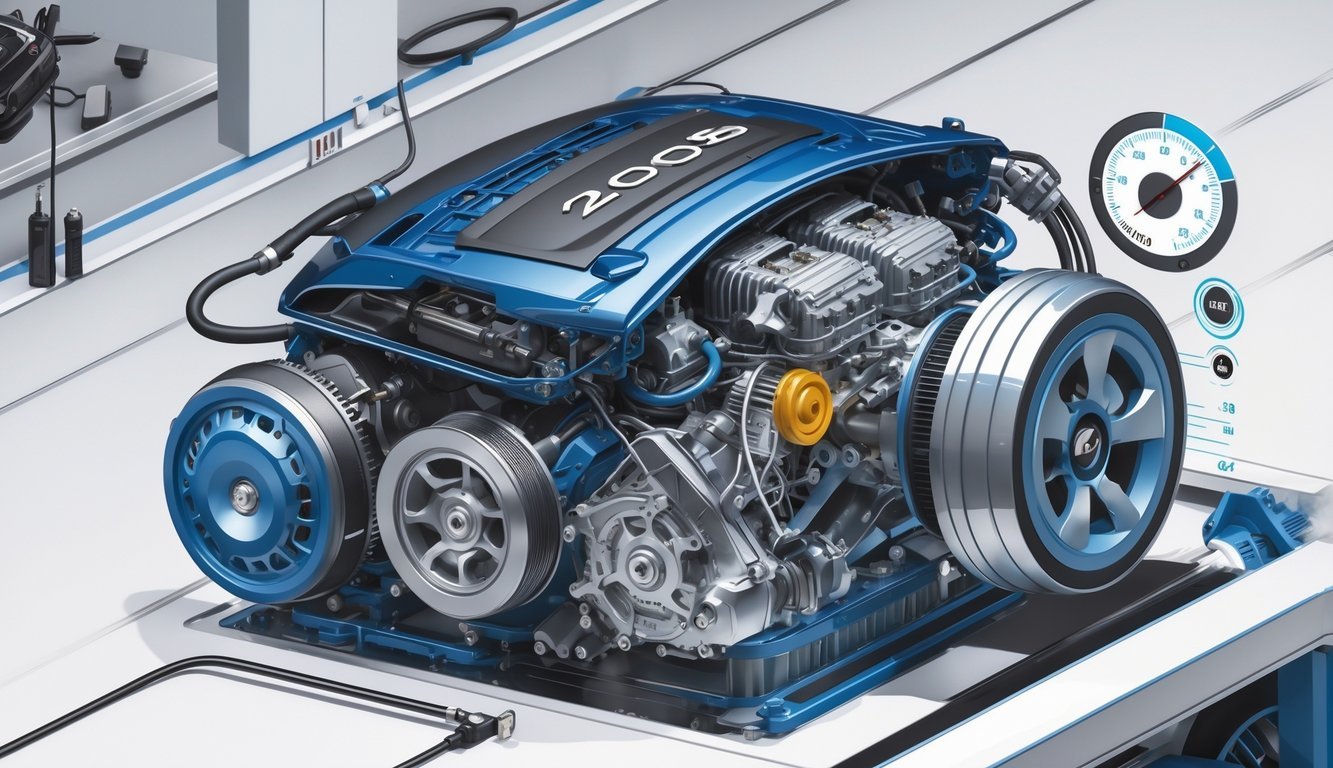 Ilustracija motora, mjenjača i performansi automobila Peugeot 208 s prikazom mehaničkih dijelova i elemenata za vožnju.