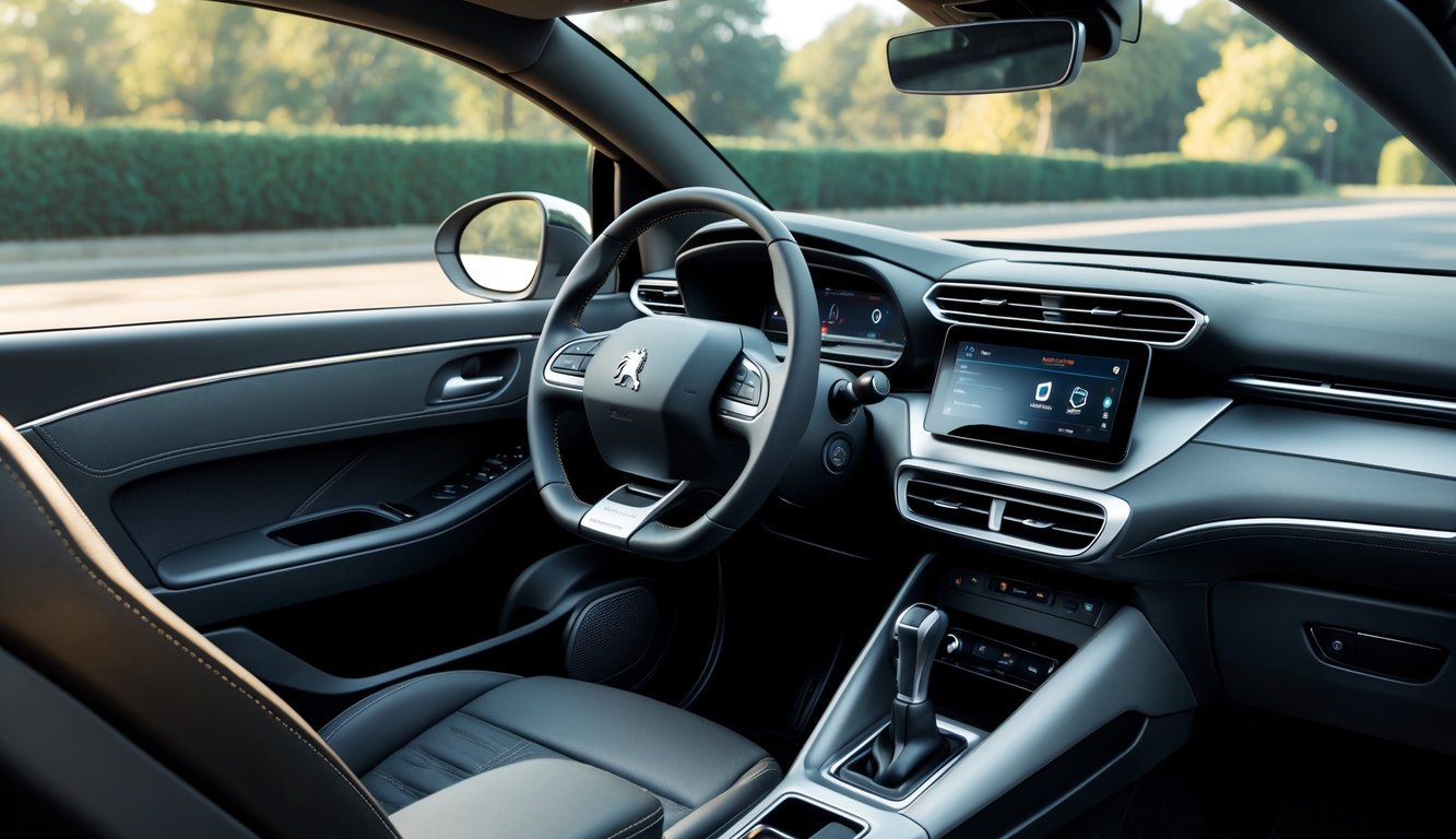 Unutrašnjost automobila Peugeot 2008 1.2 s prikazom upravljača, digitalne ploče s instrumentima i središnjeg zaslona infotainment sustava.