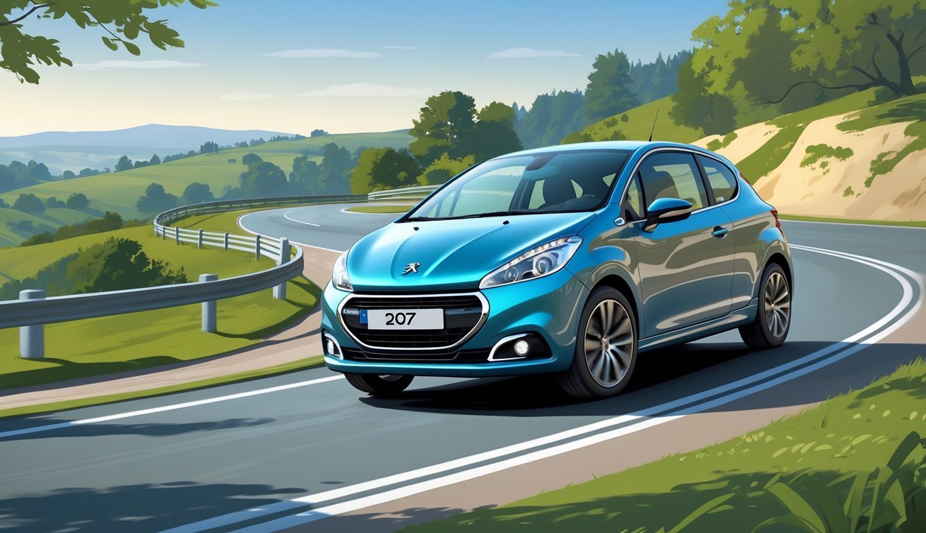 Automobil Peugeot 207 1.4 na vijugavoj cesti s prikazom ovjesa i osjećaja u vožnji.