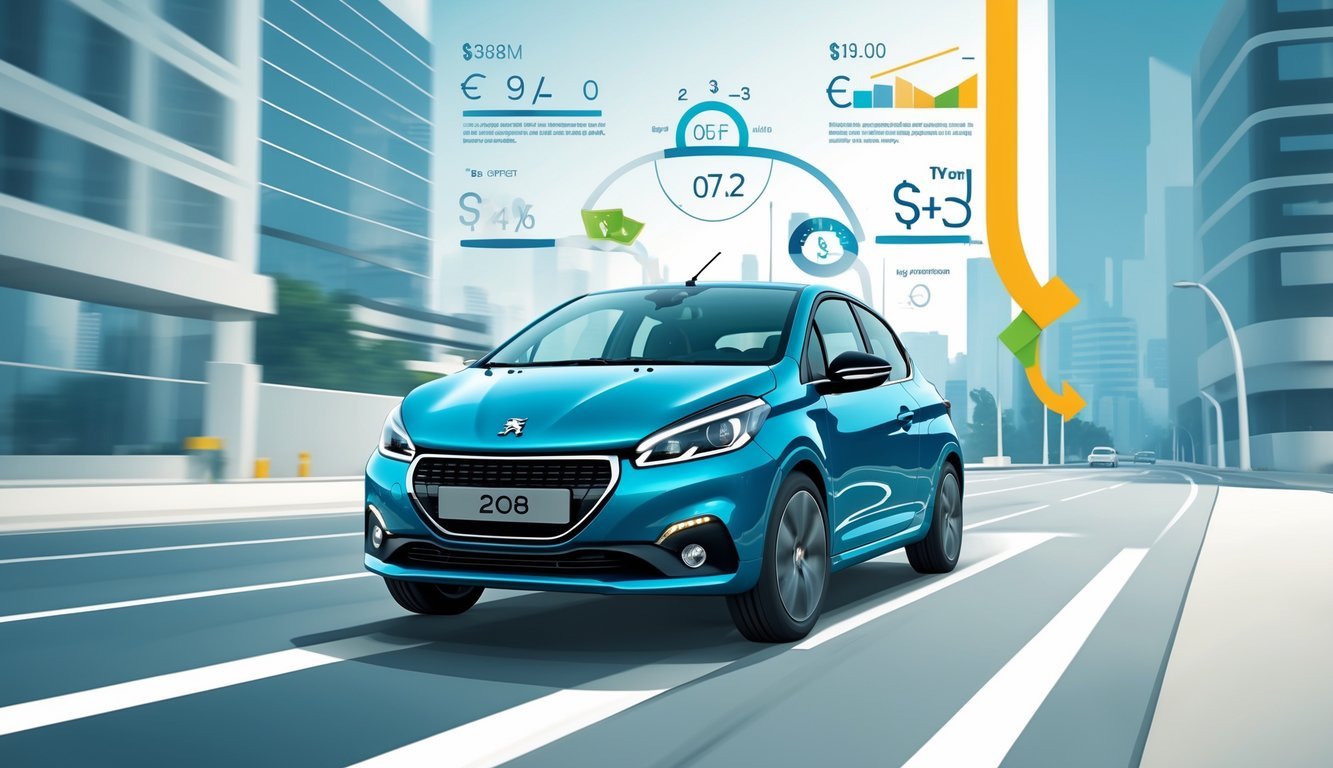 Peugeot 208 na gradskoj cesti s grafičkim prikazima potrošnje goriva i troškova vožnje.