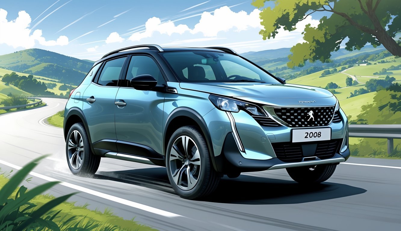 Peugeot 2008 1.2 na vijugavoj cesti okruženoj prirodom, s prikazom ovjesa i tehničkih detalja vozila.