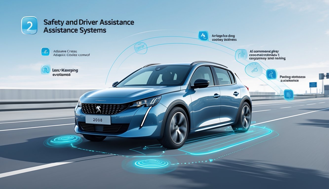 Peugeot 2008 automobil na cesti s prikazom sigurnosnih i pomoćnih sustava vozaču.