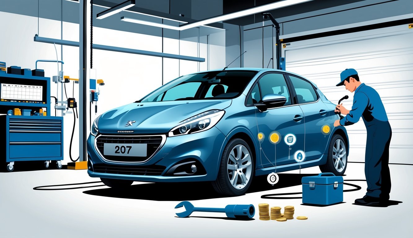 Automobil Peugeot 207 1.4 u radionici dok mehaničar pregledava motor, okružen simbolima uobičajenih kvarova i troškova servisa.