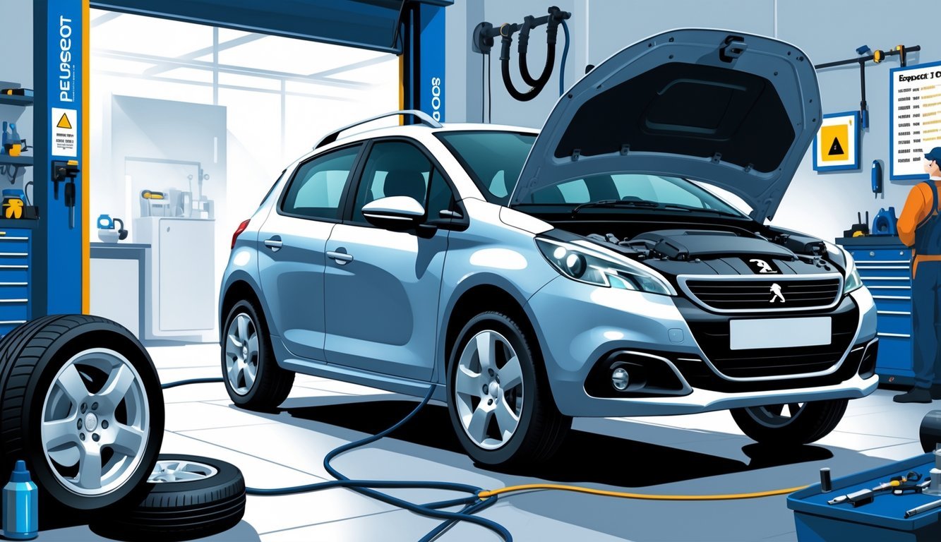 Automobil Peugeot 2008 1.2 u radionici dok mehaničar pregledava motor i servisne dijelove.