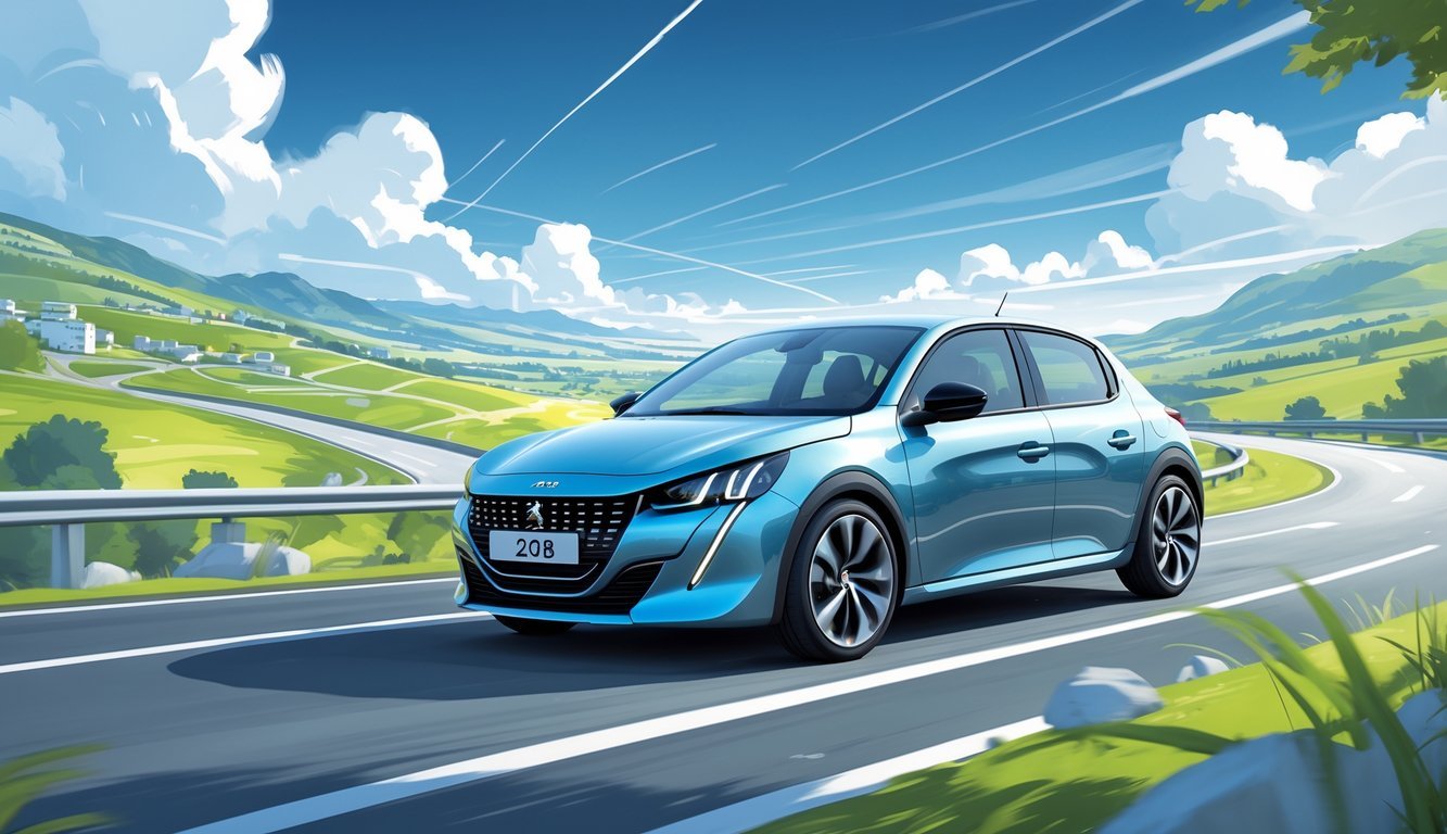 Peugeot 208 automobil u vožnji na zavojitoj cesti s prikazom ovjesa i osjećaja stabilnosti.