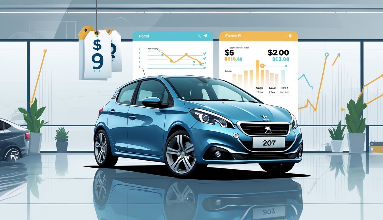 Prikaz automobila Peugeot 207 1.4 parkiranog u izložbenom prostoru s elementima koji predstavljaju cijene, opremu i tržište rabljenih vozila.