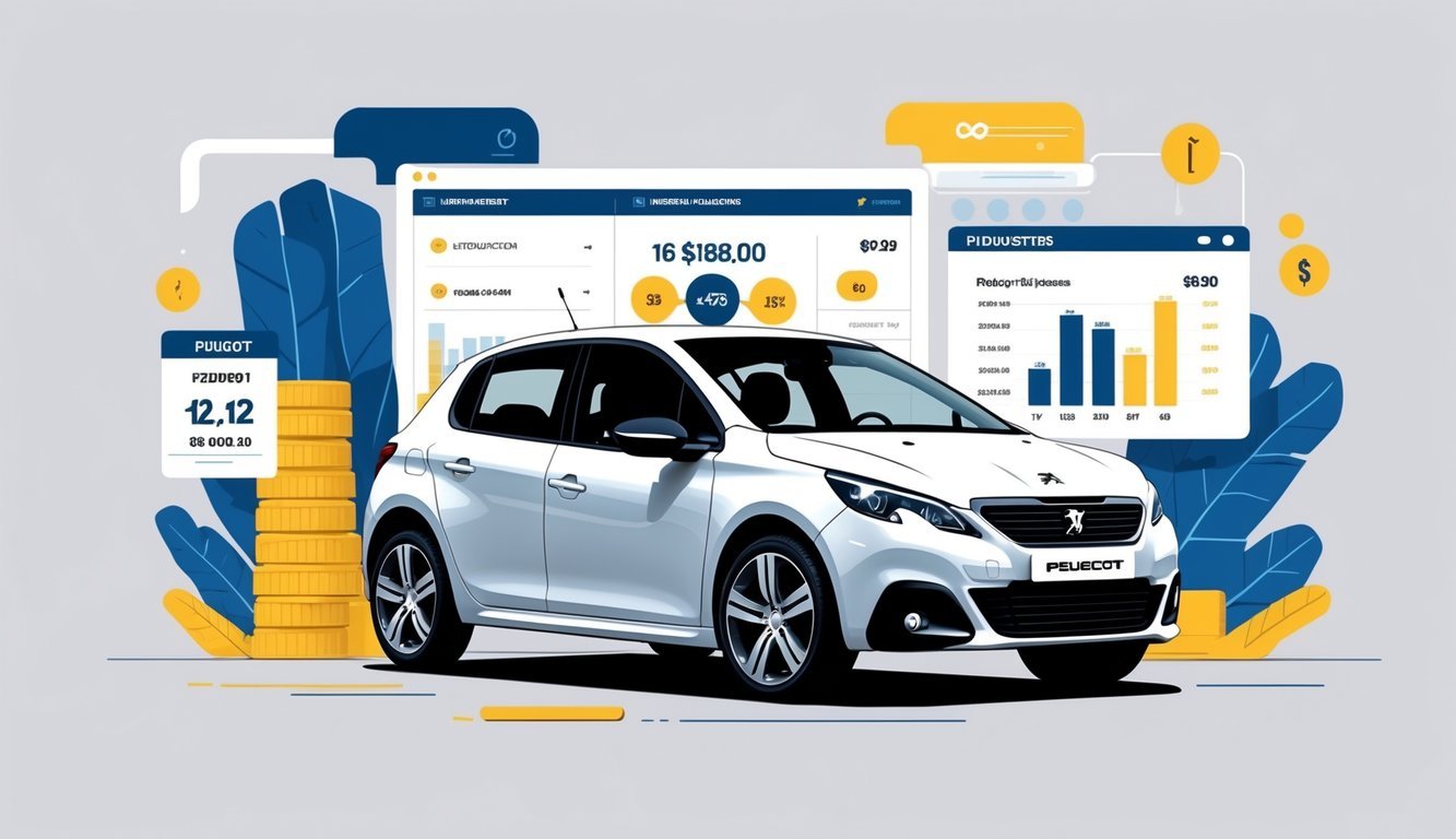 Prikaz rabljenog Peugeot 2008 1.2 automobila okružen simbolima opreme, cijenama i tržišnim trendovima.