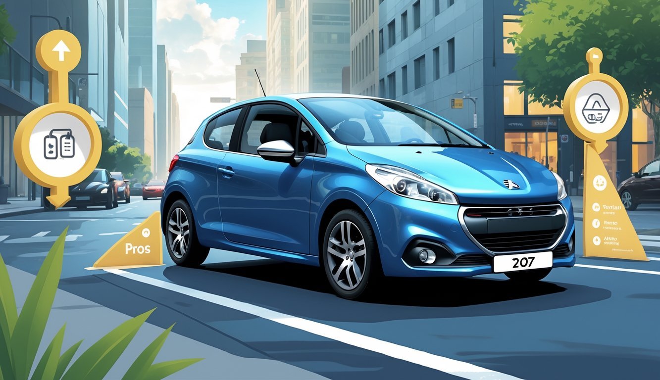 Peugeot 207 1.4 automobil na gradskom ulici s elementima koji prikazuju njegove prednosti i mane.