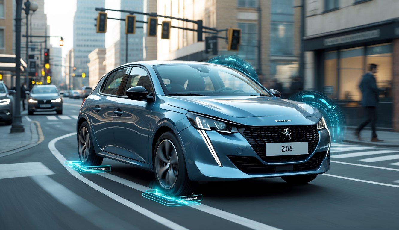 Peugeot 208 vozi gradskom ulicom s prikazom sigurnosnih i pomoćnih sustava u radu.