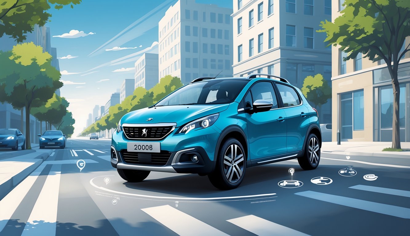 Peugeot 2008 1.2 automobil na gradskom ulici s prikazom prednosti i mana kroz simbole oko vozila.