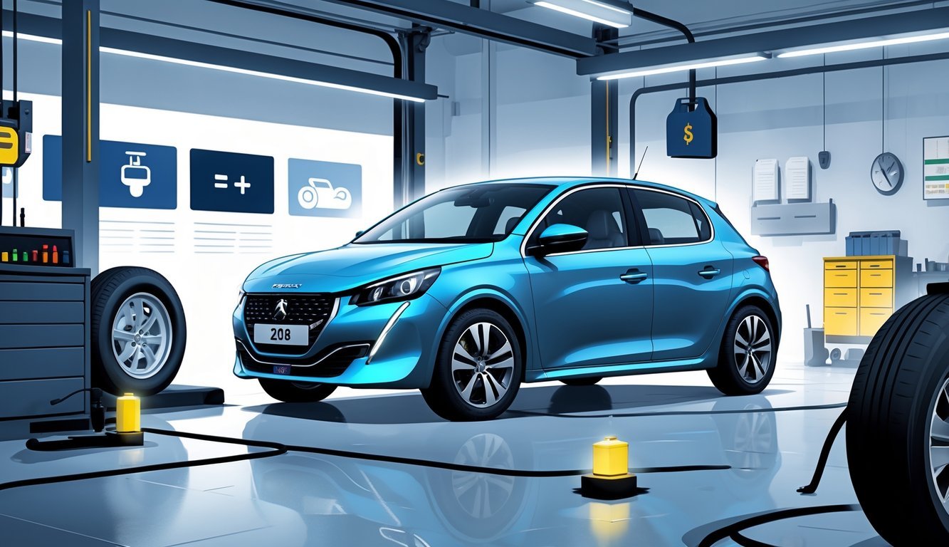 Peugeot 208 u radionici s prikazom tipičnih kvarova i elemenata koji simboliziraju pouzdanost i troškove servisa.