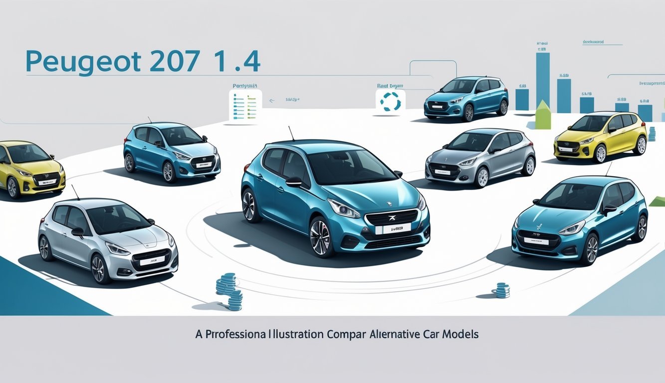 Prikaz nekoliko kompaktnih automobila, s Peugeotom 207 1.4 u sredini, postavljenih radi usporedbe dizajna i veličine.