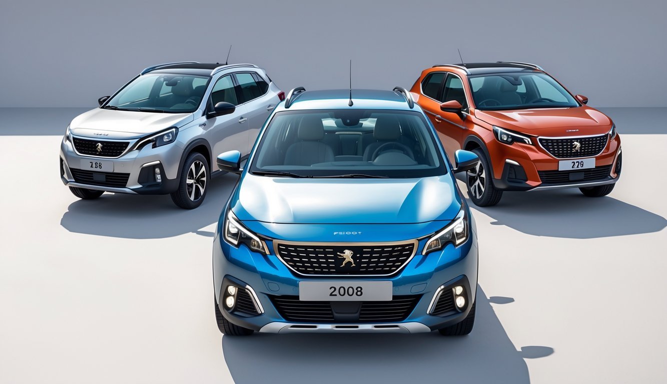 Tri kompaktna SUV vozila parkirana jedno do drugog, s Peugeot 2008 1.2 u sredini i drugim modelima s obje strane.