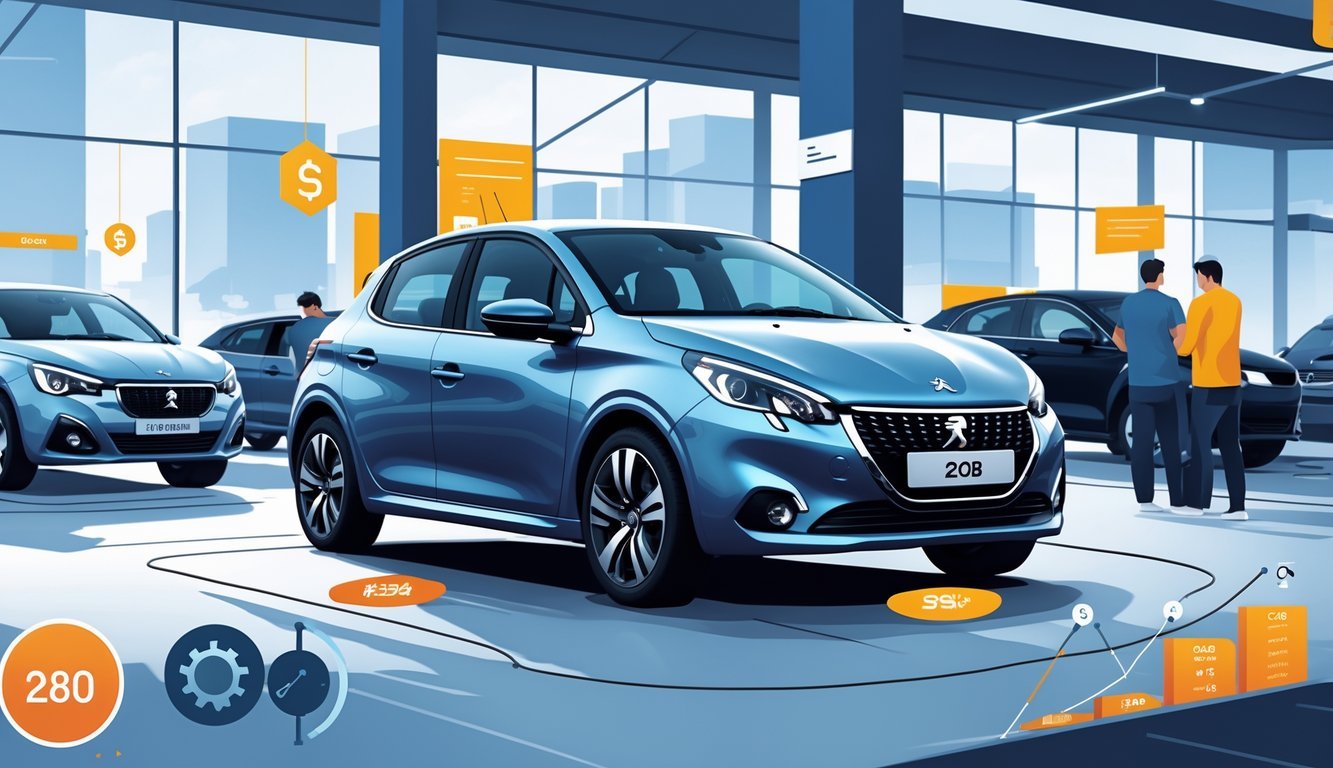 Prikaz automobila Peugeot 208 okružen simbolima cijena, opreme i tržišta rabljenih vozila, s ljudima koji pregledavaju automobile u pozadini.