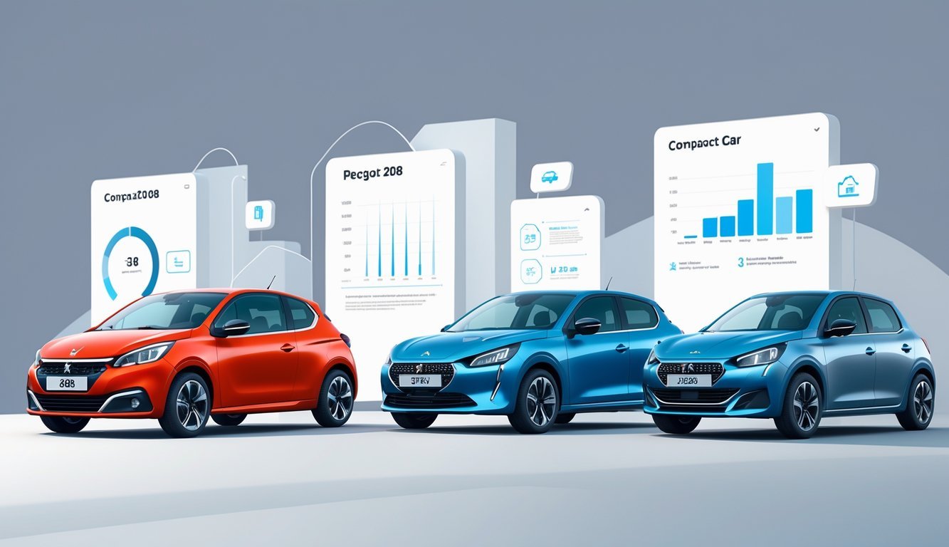 Tri kompaktna automobila postavljena jedan do drugog radi usporedbe, s grafičkim prikazima značajki poput učinkovitosti goriva i sigurnosti.