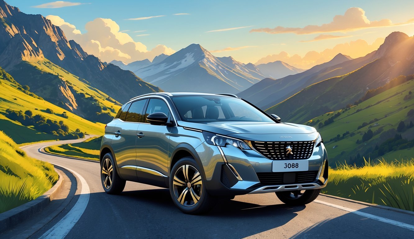 Peugeot 3008 parkiran na planinskom putu s prirodom u pozadini.